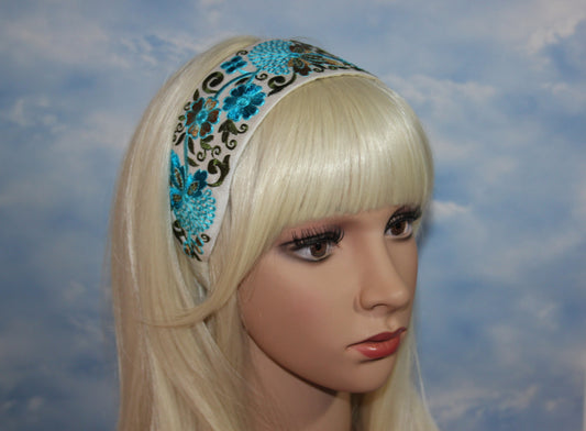 Blue headband for women 2.35'' inch Embroidered boho head band Blue flower hairband festival head cover
