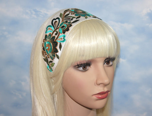 Embroidered headband 3" inch Boho flower hairband Turquoise Green & Gold head cover