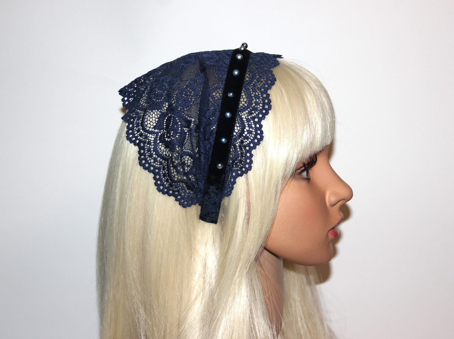 Dark Blue lace headband Christian beaded veil 6"inch adjustable, plastic free