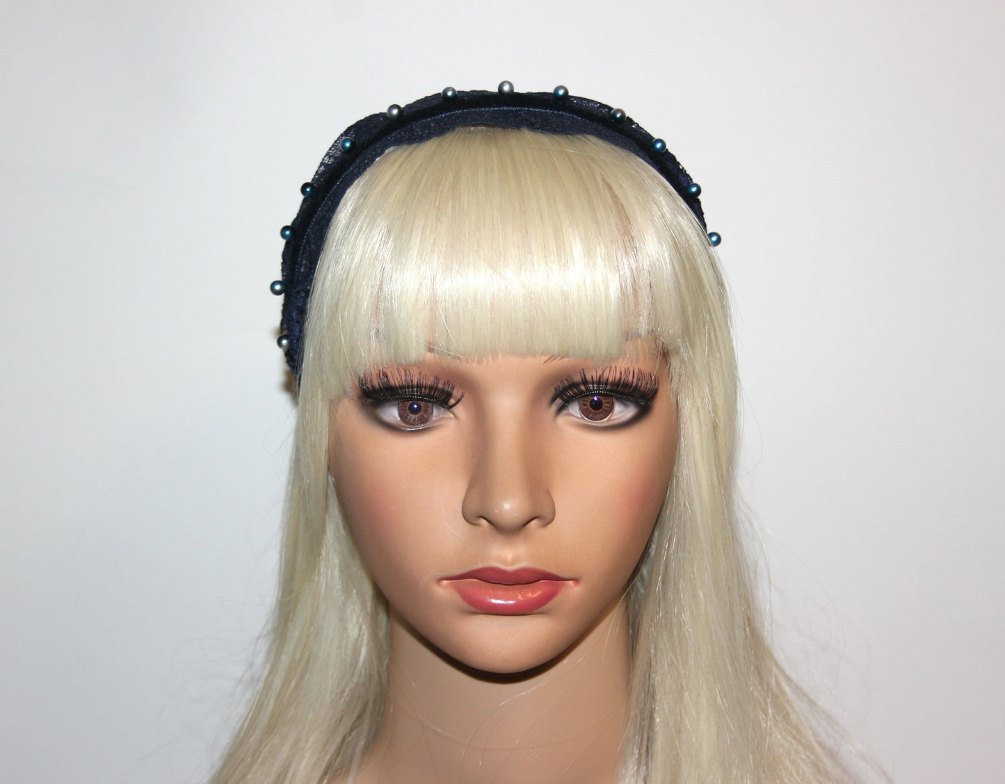 Dark Blue lace headband Christian beaded veil 6"inch adjustable, plastic free