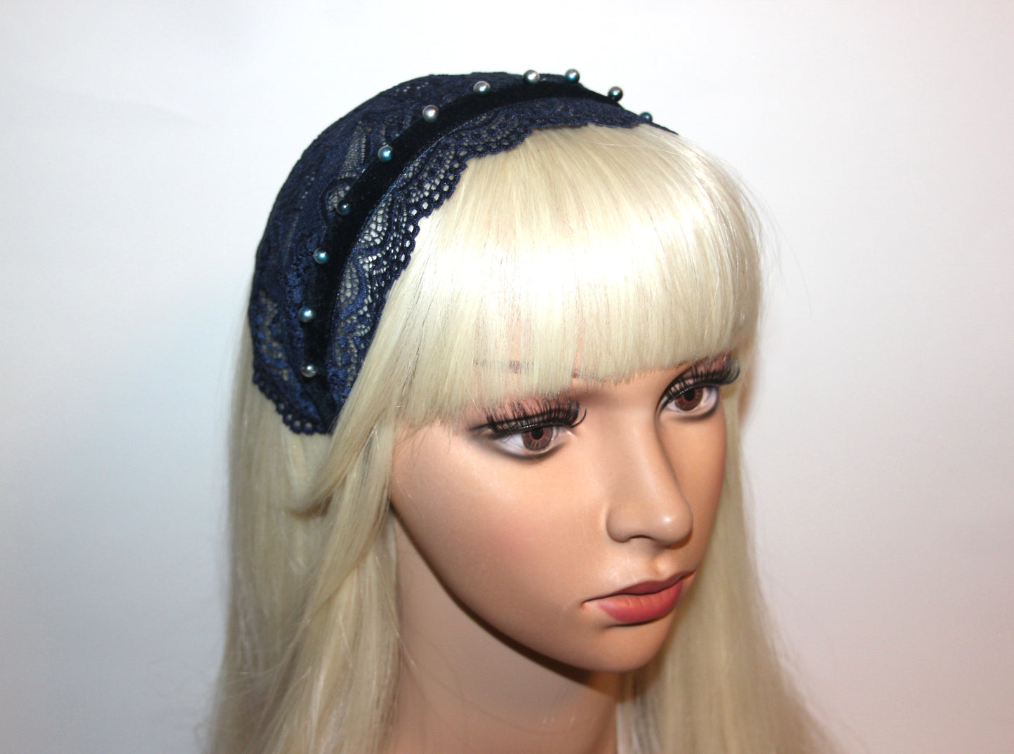 Dark Blue lace headband Christian beaded veil 6"inch adjustable, plastic free
