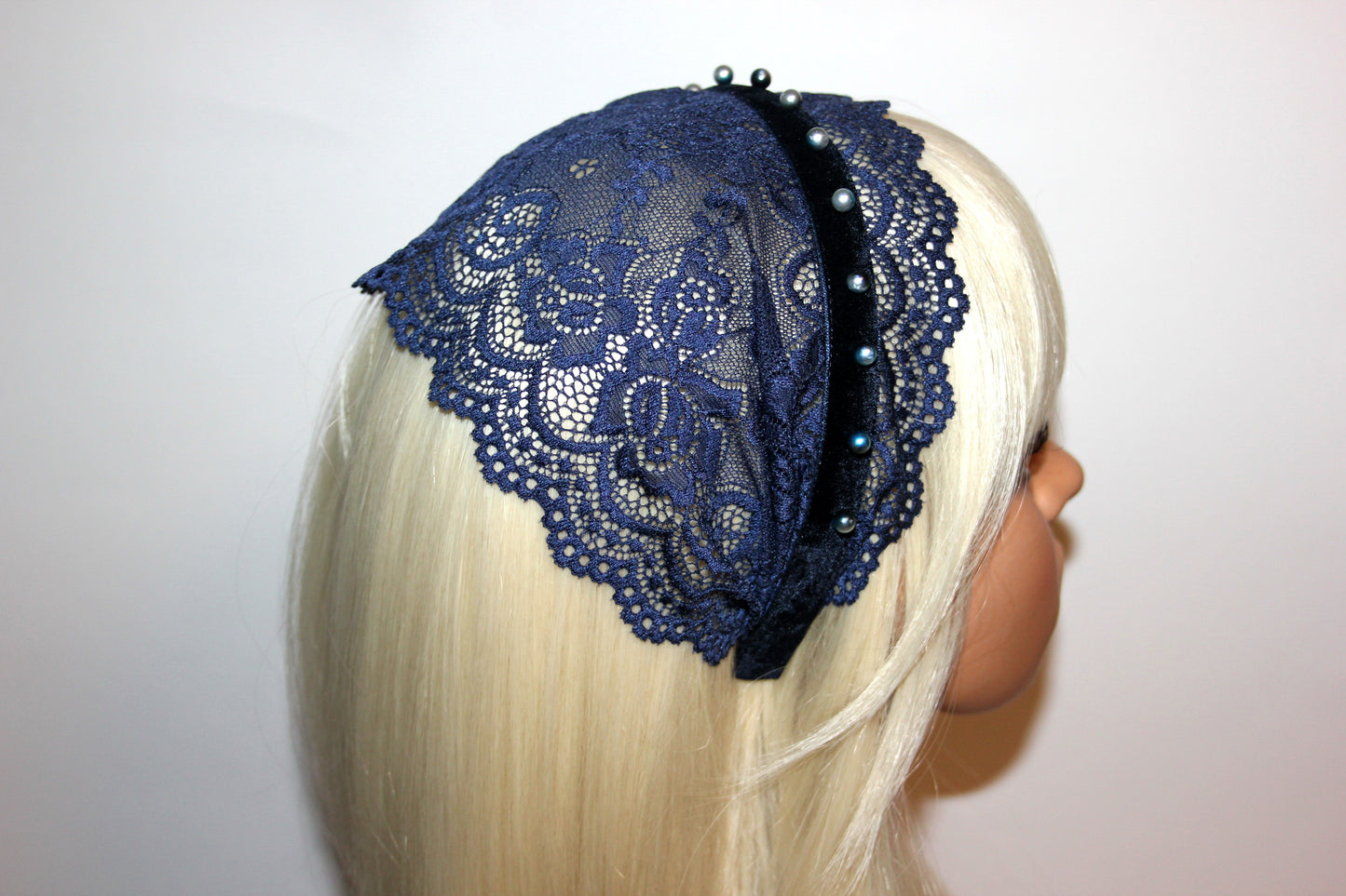 Dark Blue lace headband Christian beaded veil 6"inch adjustable, plastic free