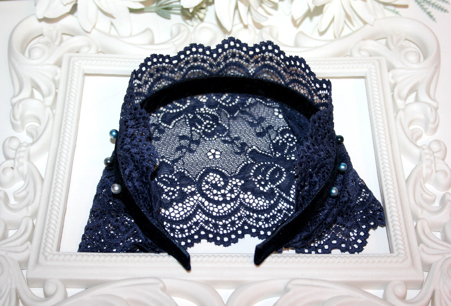 Dark Blue lace headband Christian beaded veil 6"inch adjustable, plastic free