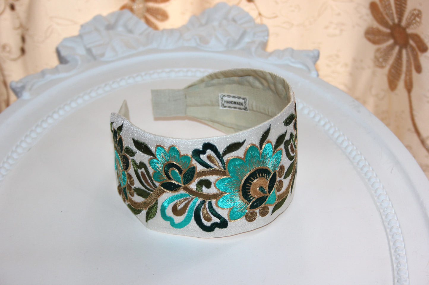 Embroidered headband 3" inch Boho flower hairband Turquoise Green & Gold head cover