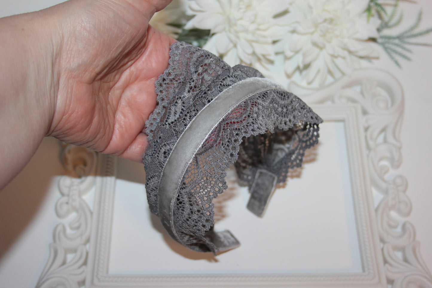 Gray prayer headband 6"inch Christian lace veil Structured religious head cover, plastic free
