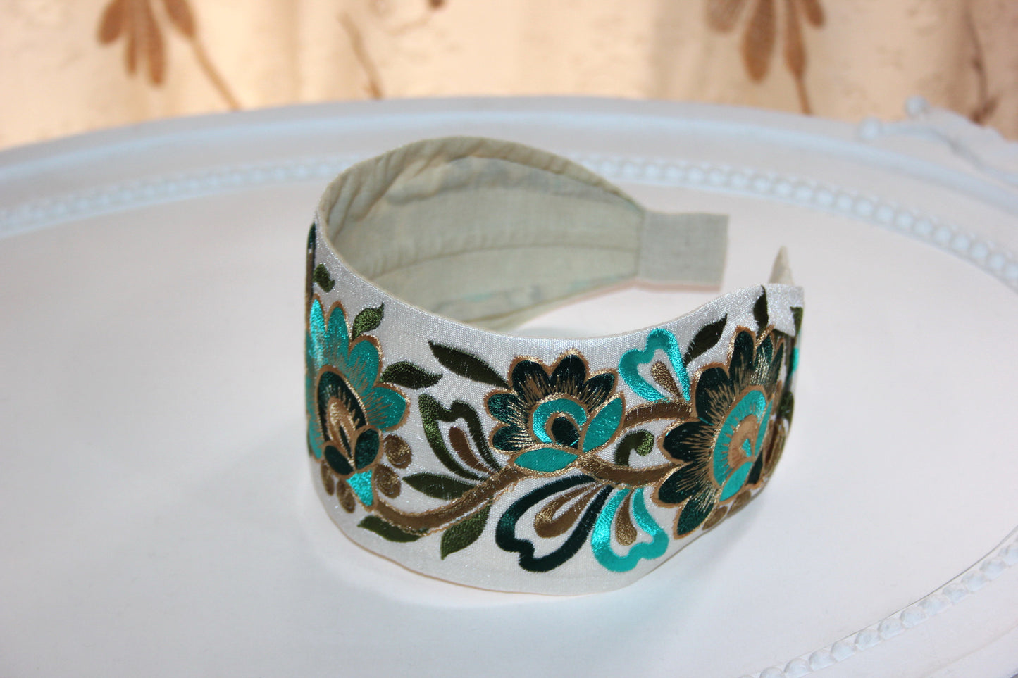 Embroidered headband 3" inch Boho flower hairband Turquoise Green & Gold head cover