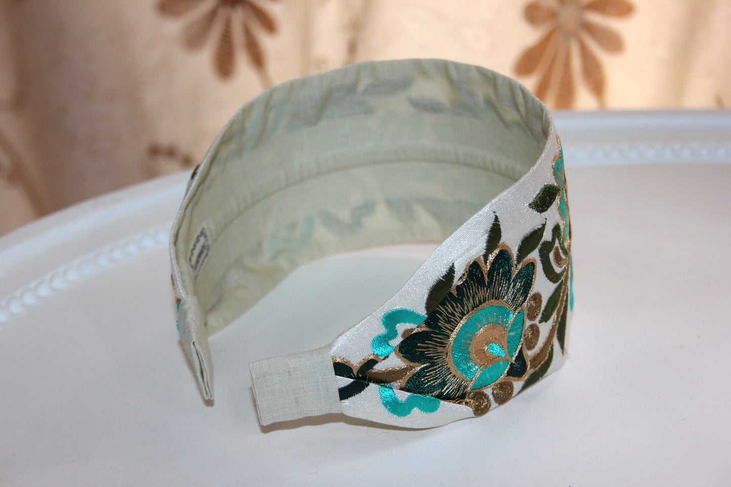 Embroidered headband 3" inch Boho flower hairband Turquoise Green & Gold head cover