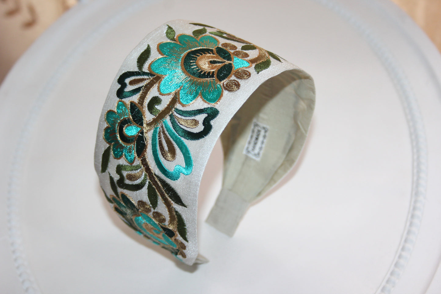 Embroidered headband 3" inch Boho flower hairband Turquoise Green & Gold head cover