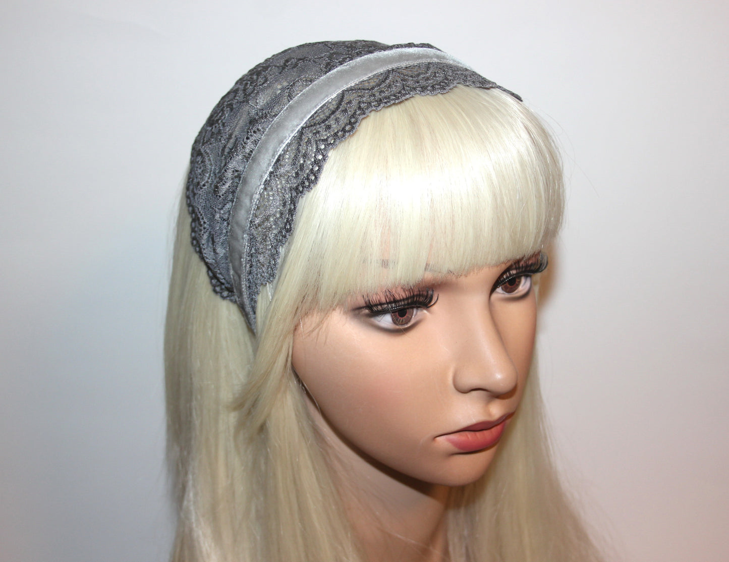 Gray prayer headband 6"inch Christian lace veil Structured religious head cover, plastic free