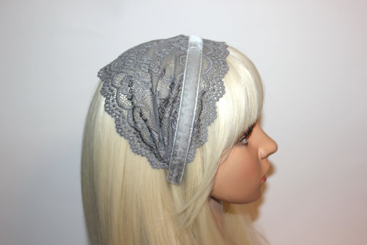 Gray prayer headband 6"inch Christian lace veil Structured religious head cover, plastic free