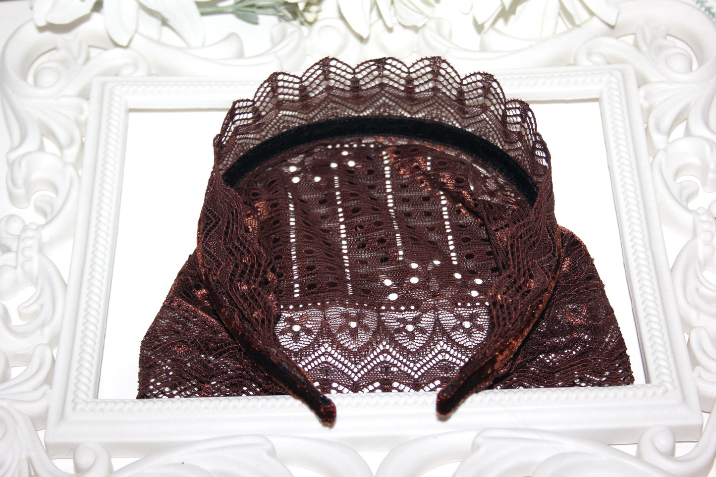 Chocolate Brown veil 6.75" inch Christian lace headband Structured religious head cover, plastic free
