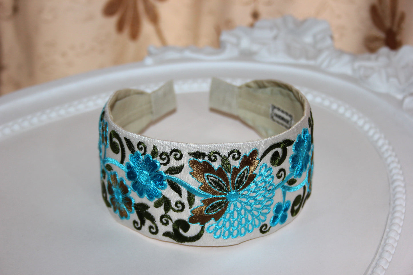 Blue headband for women 2.35'' inch Embroidered boho head band Blue flower hairband festival head cover