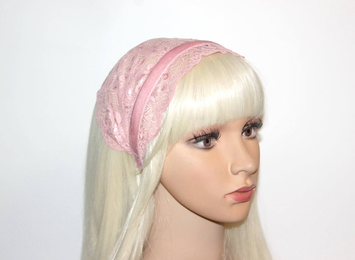 Christian head cover 7"inch Baby Pink lace headband Church head scarf, plastic free