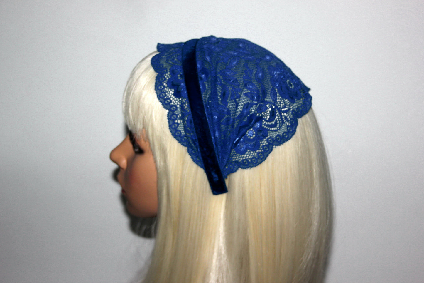 Royal Blue lace headband 7"inch Christian veil Structured head cover, plastic free