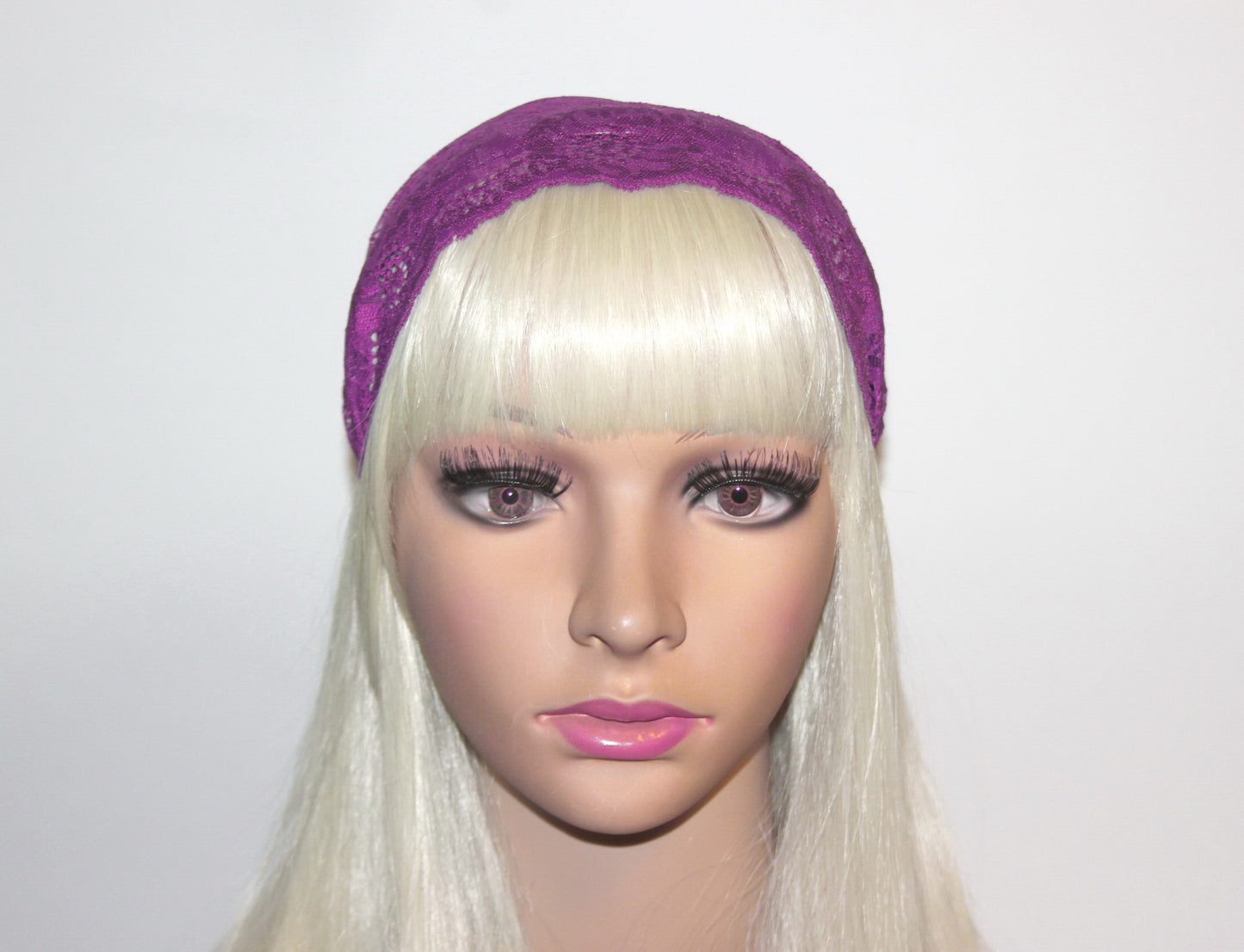Magenta lace headband 7" inch Christian veil Structured religious head cover, plastic free