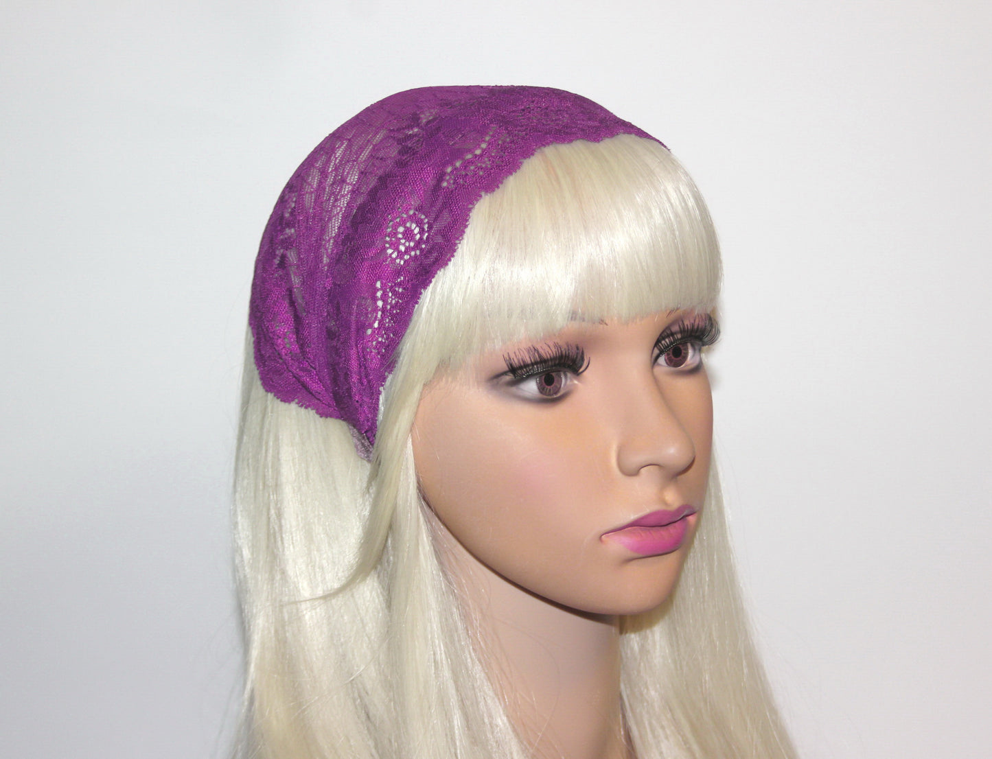 Magenta lace headband 7" inch Christian veil Structured religious head cover, plastic free