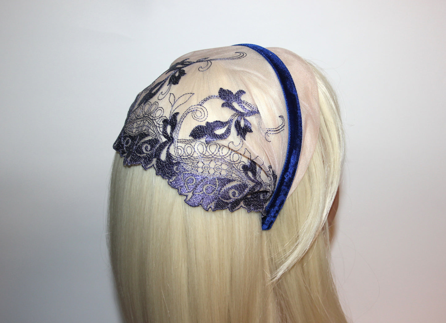 Christian head covering 7.5" inch Nude & Navy lace headband Embroidered religious head scarf, plastic free