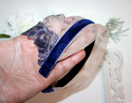 Christian head covering 7.5" inch Nude & Navy lace headband Embroidered religious head scarf, plastic free