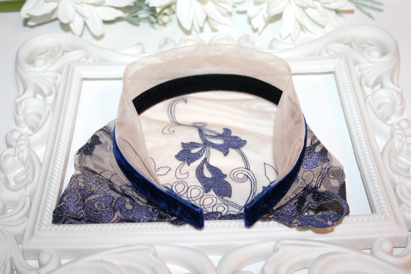 Christian head covering 7.5" inch Nude & Navy lace headband Embroidered religious head scarf, plastic free