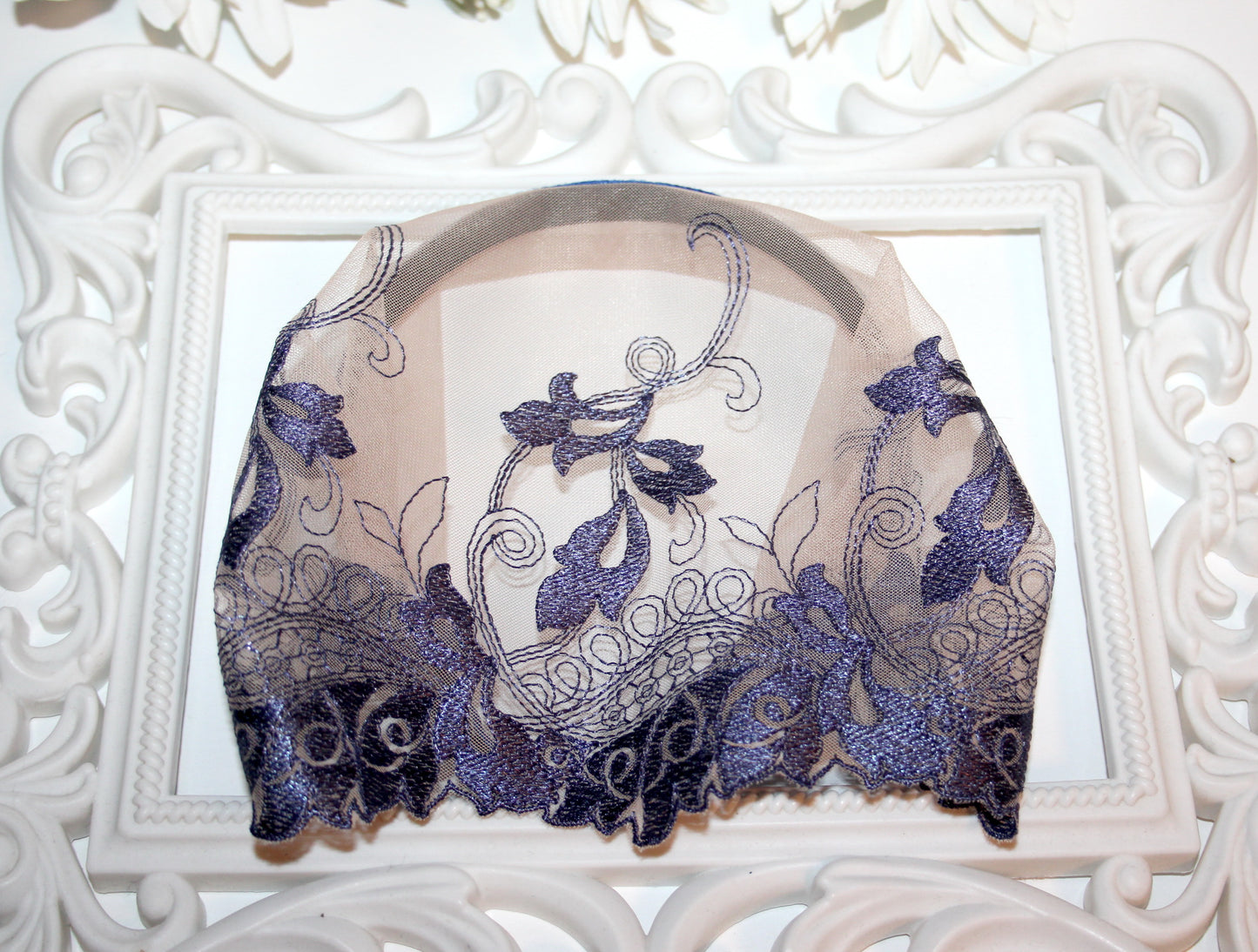 Christian head covering 7.5" inch Nude & Navy lace headband Embroidered religious head scarf, plastic free