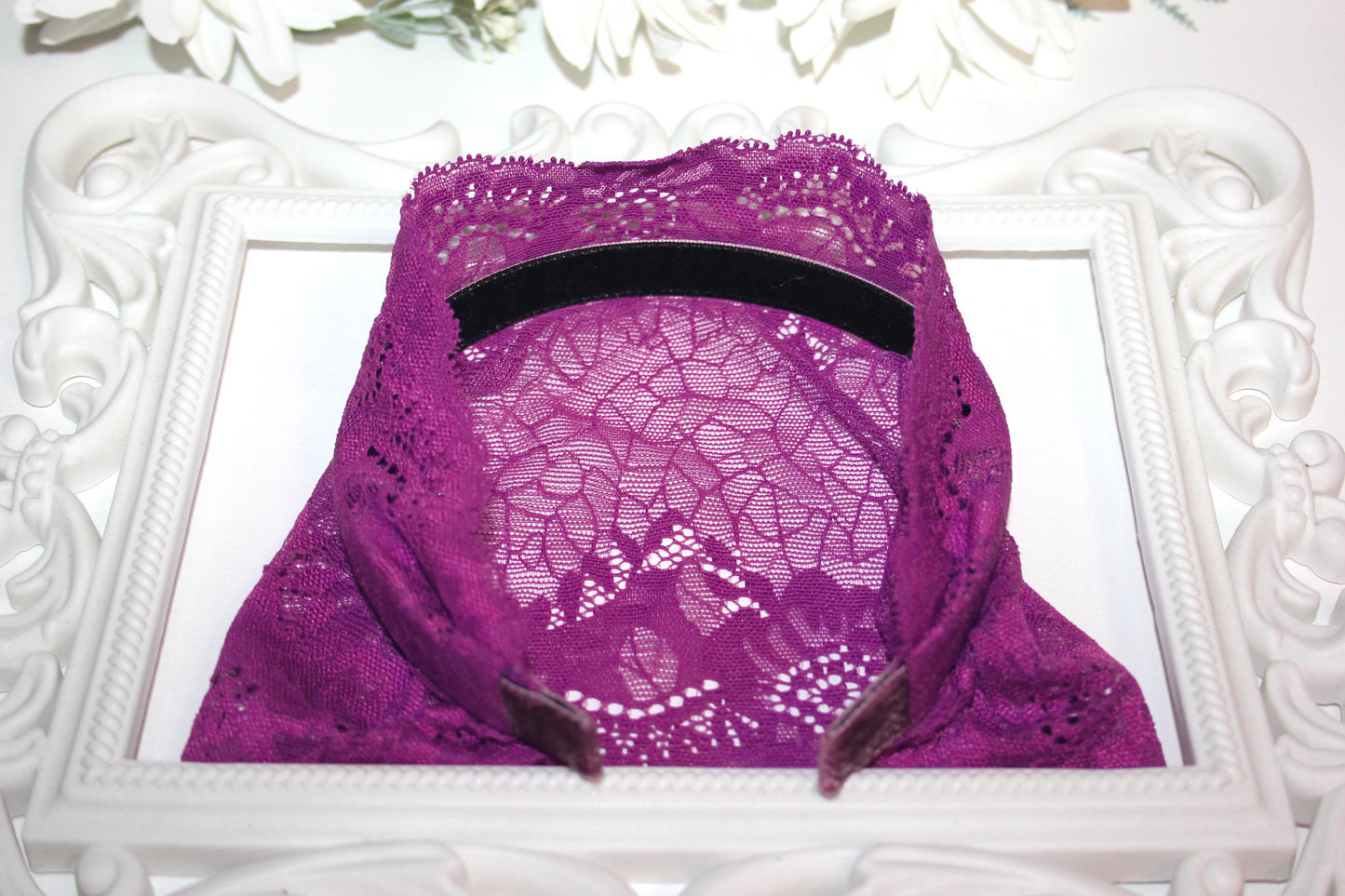 Magenta lace headband 7" inch Christian veil Structured religious head cover, plastic free
