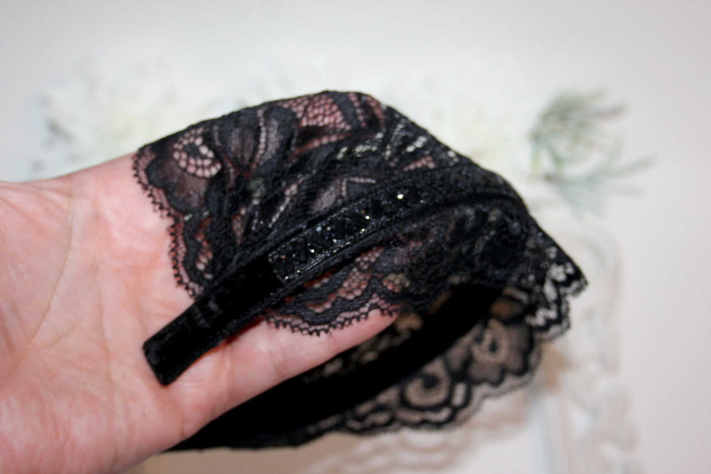 Black religious headband 6" inch Embellished prayer lace veil Christian head covering plastic free