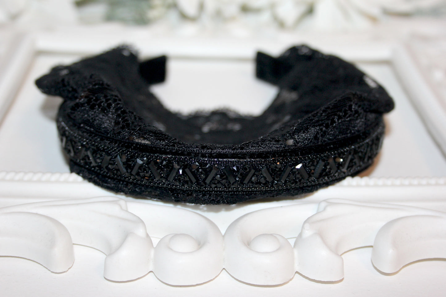 Black religious headband 6" inch Embellished prayer lace veil Christian head covering plastic free