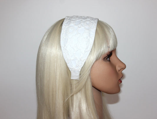 Embroidered tull headband 3.2" inch Off White embroidery hair scarf