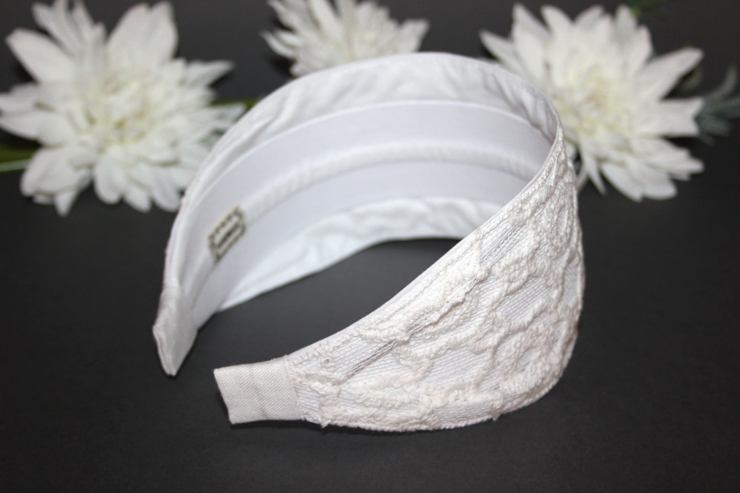 Embroidered tull headband 3.2" inch Off White embroidery hair scarf