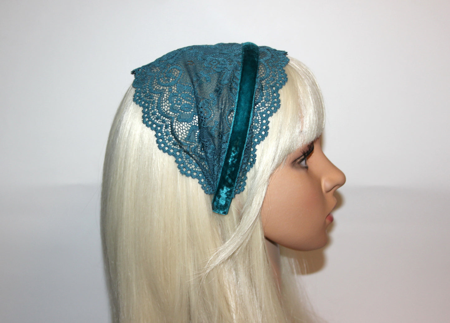 Dark Teal Blue lace headband 6"inch Christian veil Structured head cover, plastic free