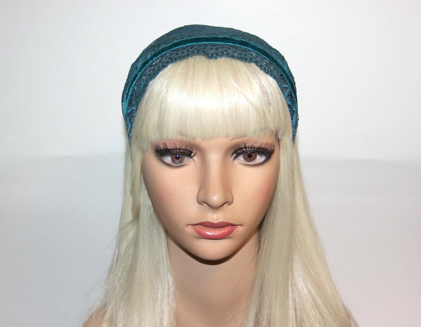 Dark Teal Blue lace headband 6"inch Christian veil Structured head cover, plastic free