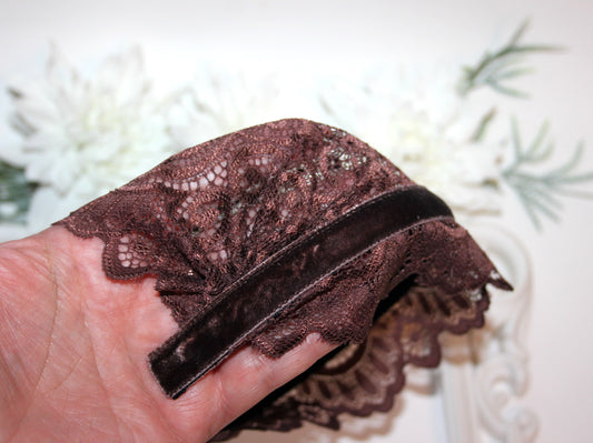 Coffee Brown lace headband 7" inch Christian veil Structured religious head cover, plastic free