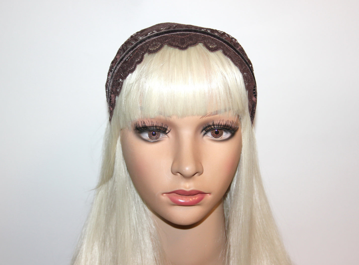 Coffee Brown lace headband 7" inch Christian veil Structured religious head cover, plastic free