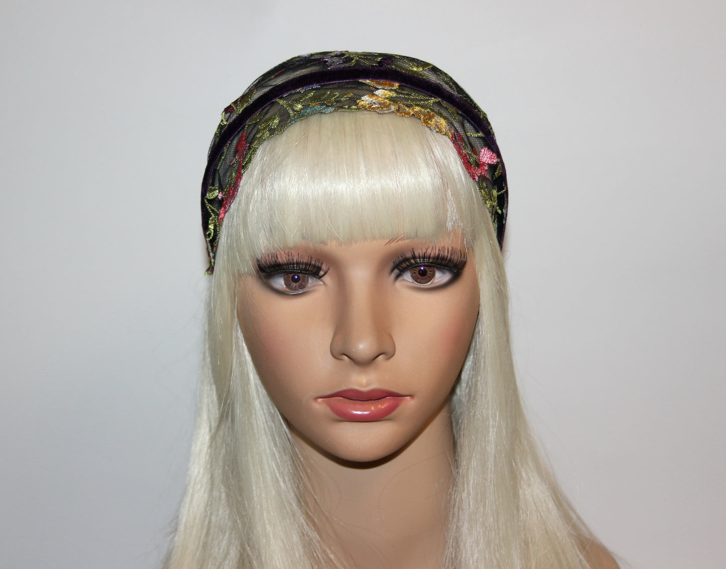 Embroidered prayer veil 9"inch Colorful lace head covering Structured religious headband, plastic free