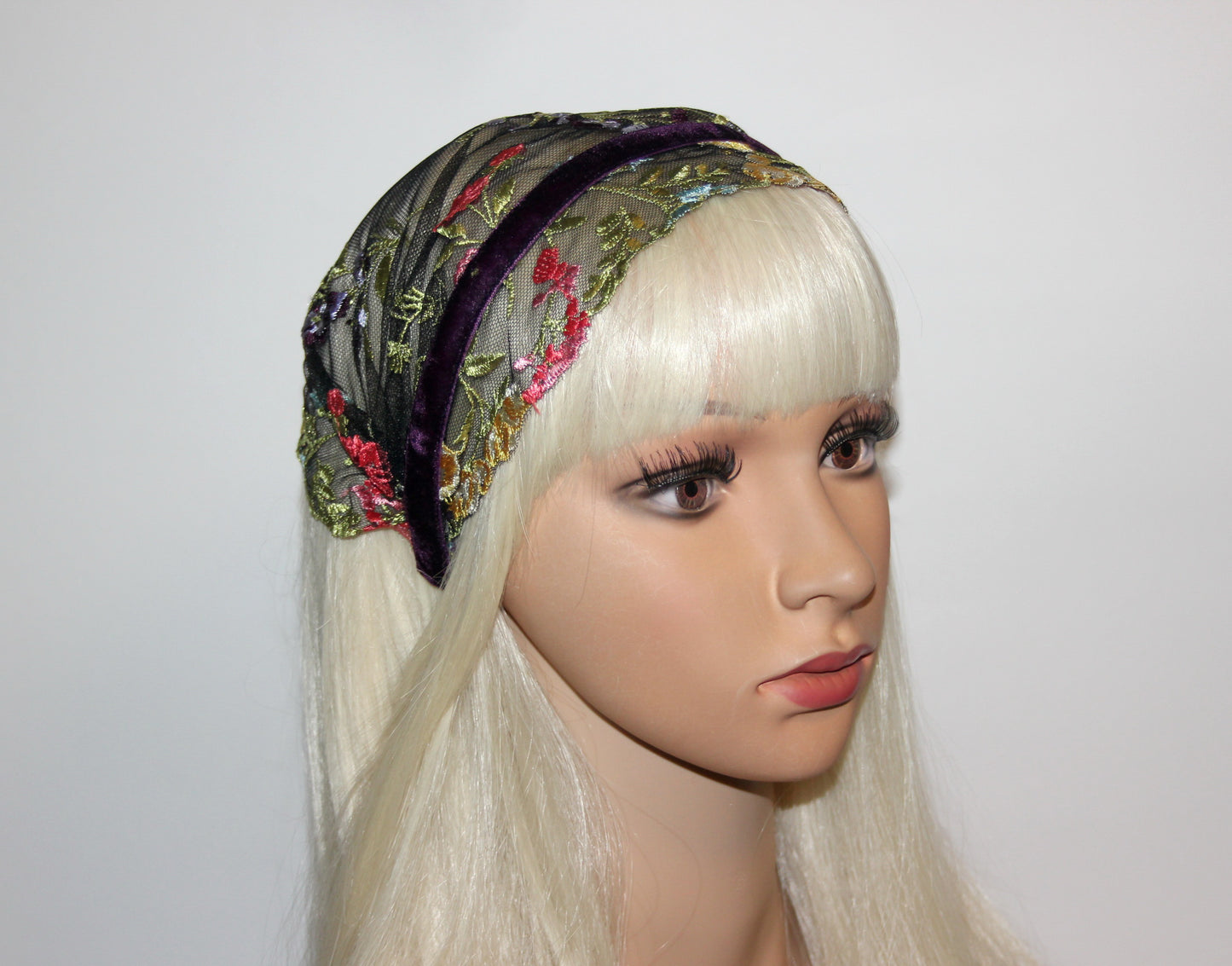 Embroidered prayer veil 9"inch Colorful lace head covering Structured religious headband, plastic free