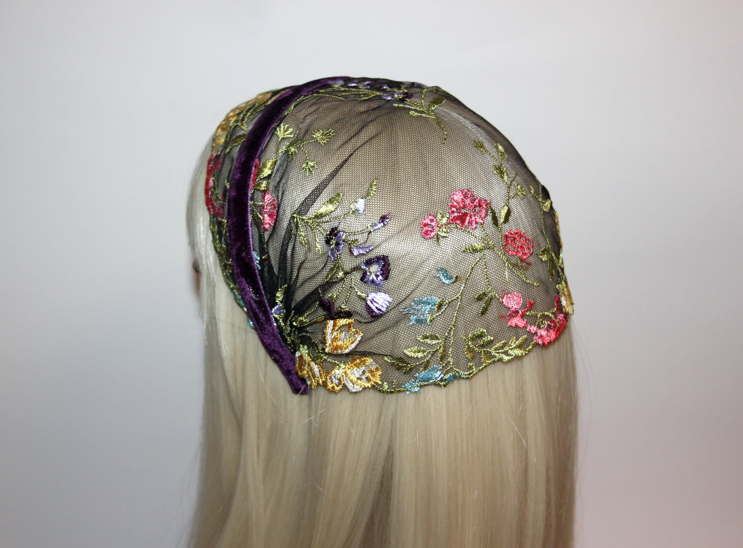 Embroidered prayer veil 9"inch Colorful lace head covering Structured religious headband, plastic free
