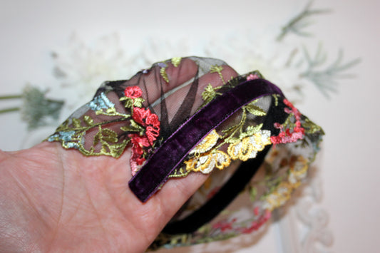 Embroidered prayer veil 9"inch Colorful lace head covering Structured religious headband, plastic free
