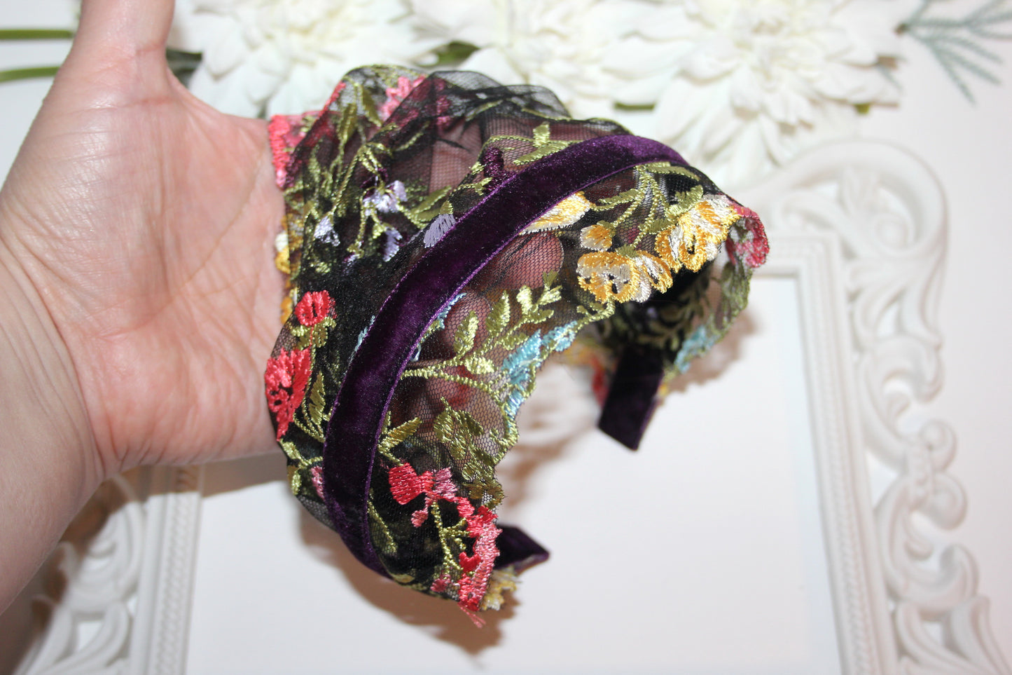 Embroidered prayer veil 9"inch Colorful lace head covering Structured religious headband, plastic free