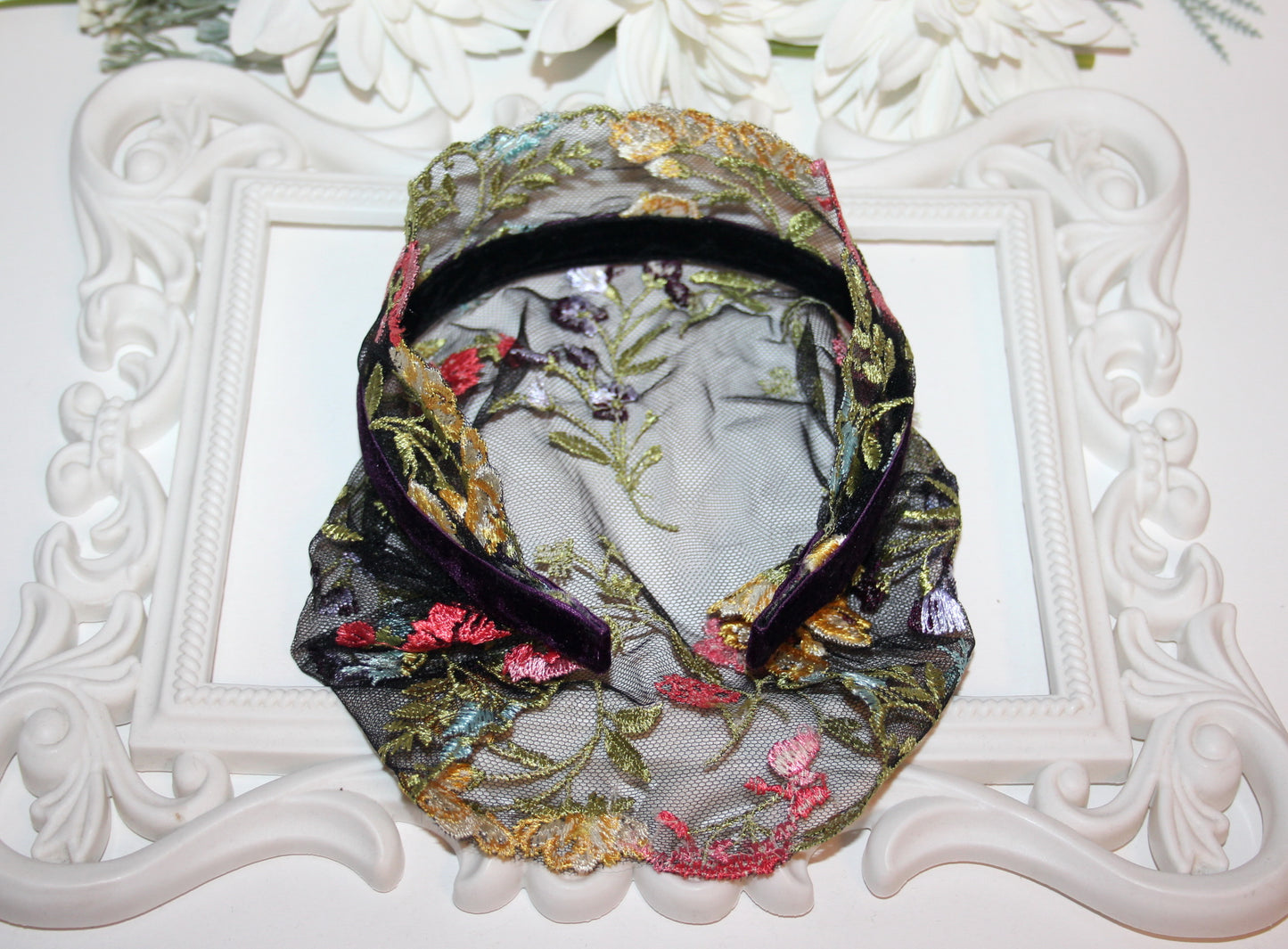 Embroidered prayer veil 9"inch Colorful lace head covering Structured religious headband, plastic free