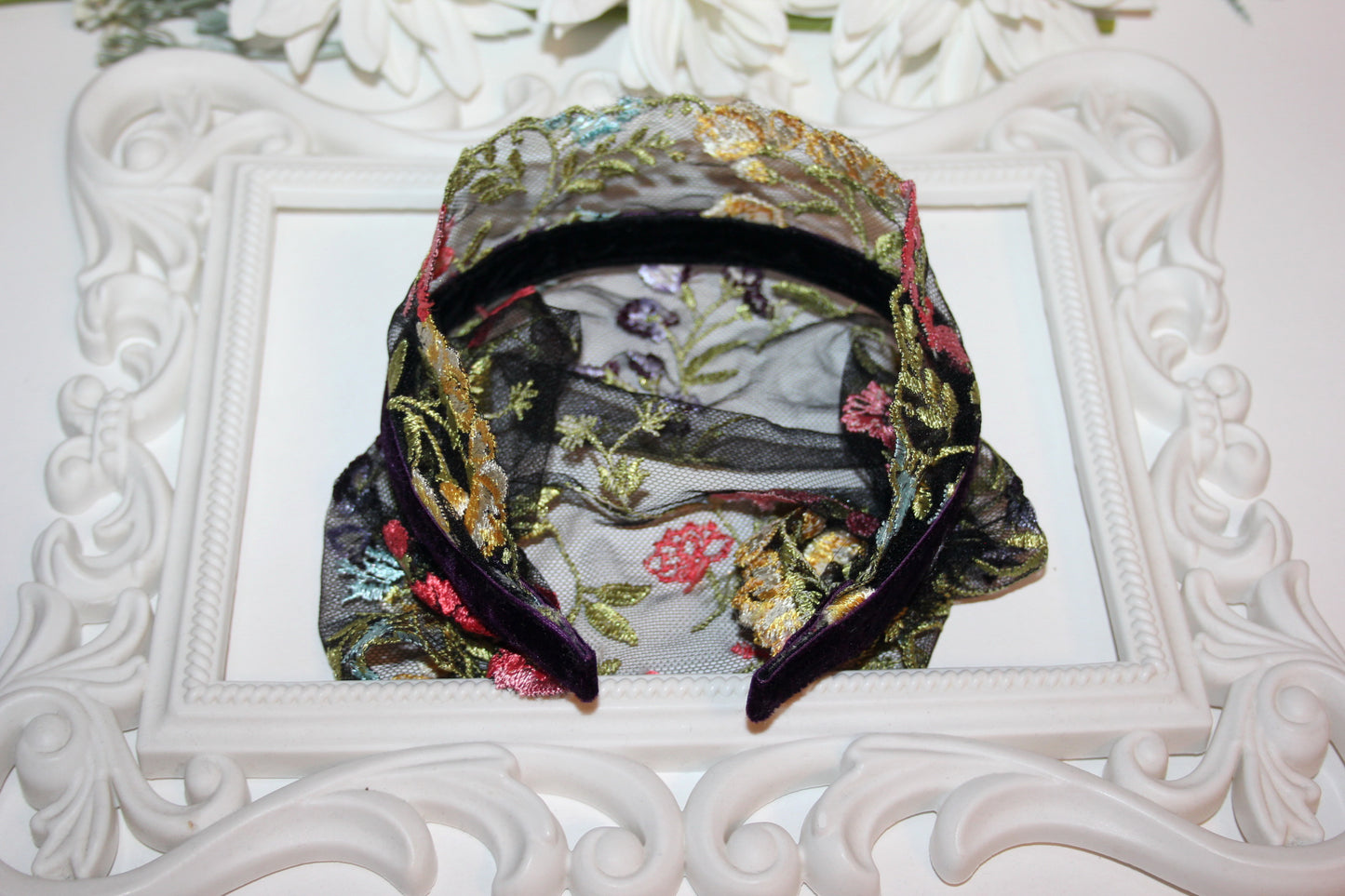Embroidered prayer veil 9"inch Colorful lace head covering Structured religious headband, plastic free