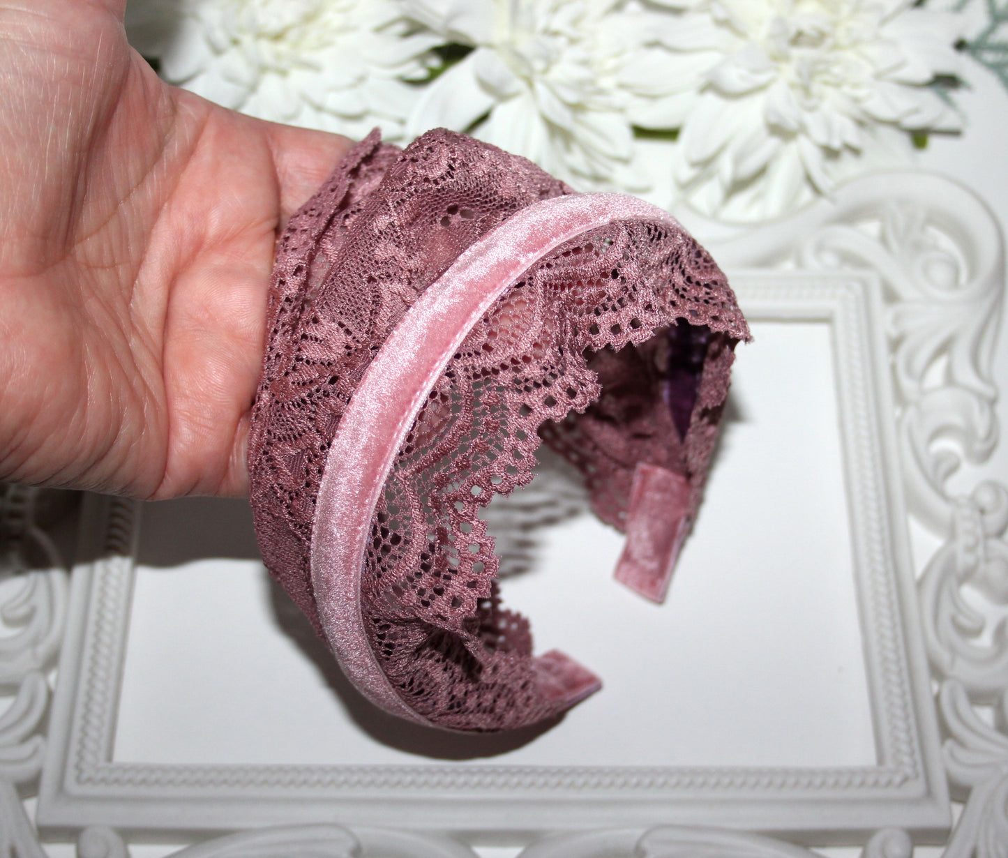 Christian prayer veil 6"inch Dusty Pink structured lace headband Church head cover, plastic free