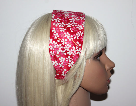 Japanese flower print headband for women. Red cotton fabric head scarf