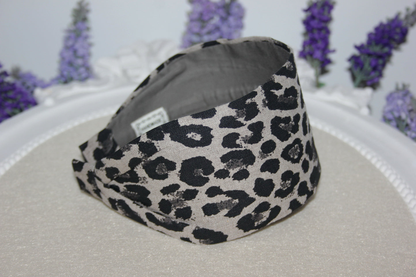 Animal print linen headband women Gray and Black head scarf