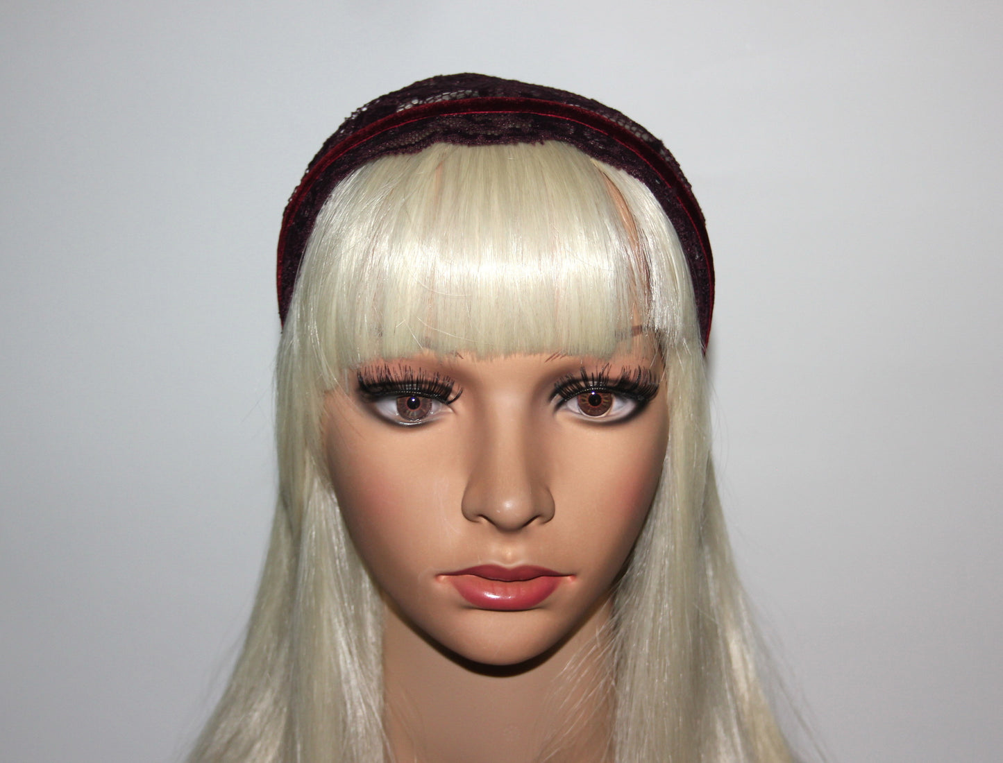 Maroon prayer veil 6"inch Christian lace headband Structured religious head cover, plastic free