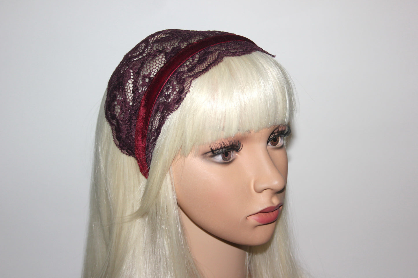 Maroon prayer veil 6"inch Christian lace headband Structured religious head cover, plastic free
