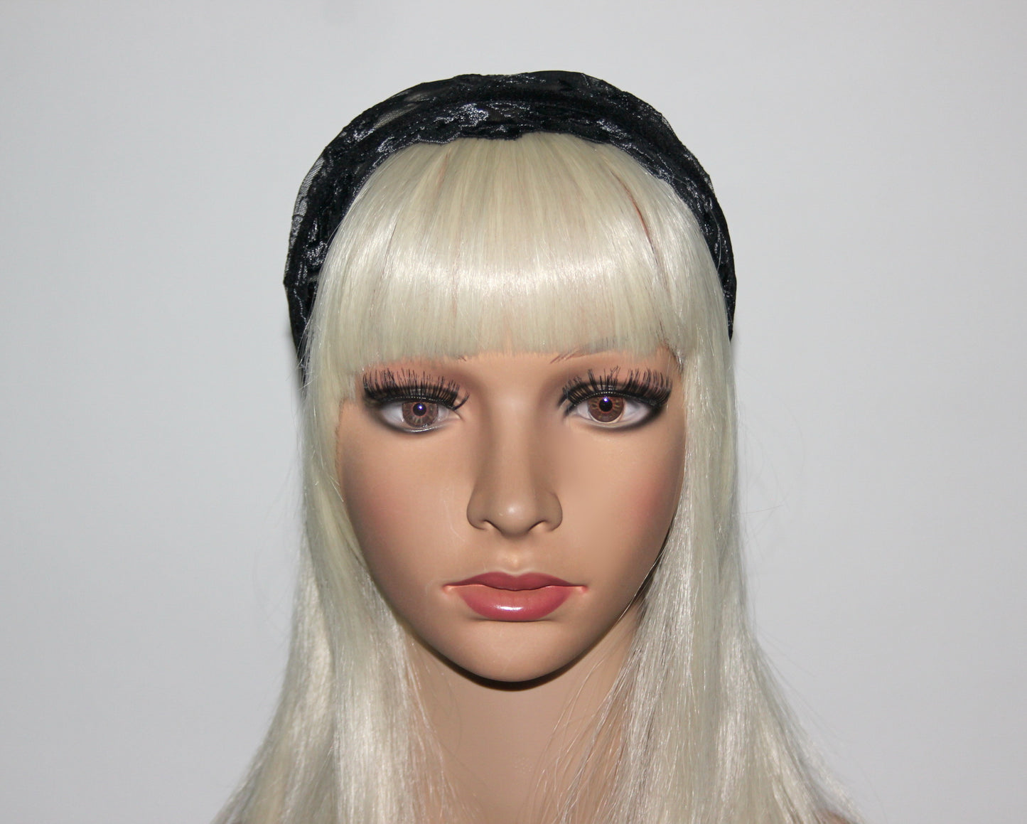 Black & Gray lace veil 6.3"inch prayer headband Structured religious head cover, plastic free