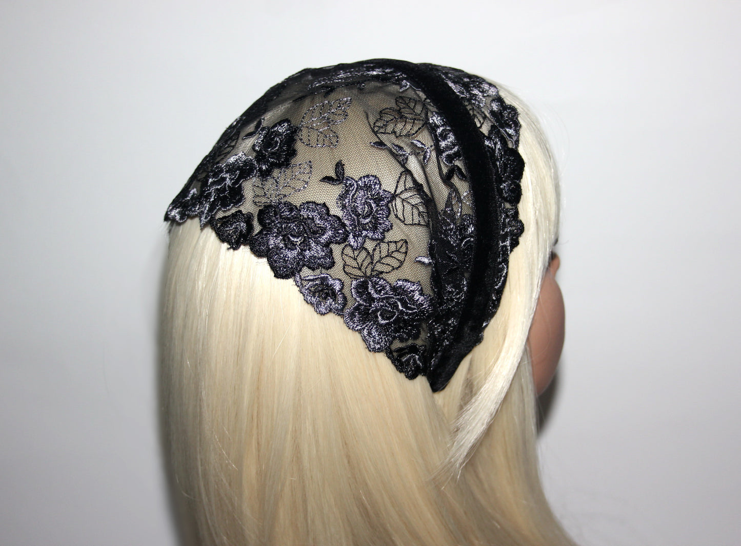 Black & Gray lace veil 6.3"inch prayer headband Structured religious head cover, plastic free