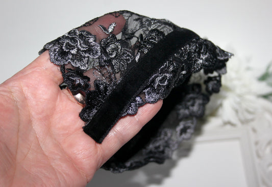 Black & Gray lace veil 6.3"inch prayer headband Structured religious head cover, plastic free