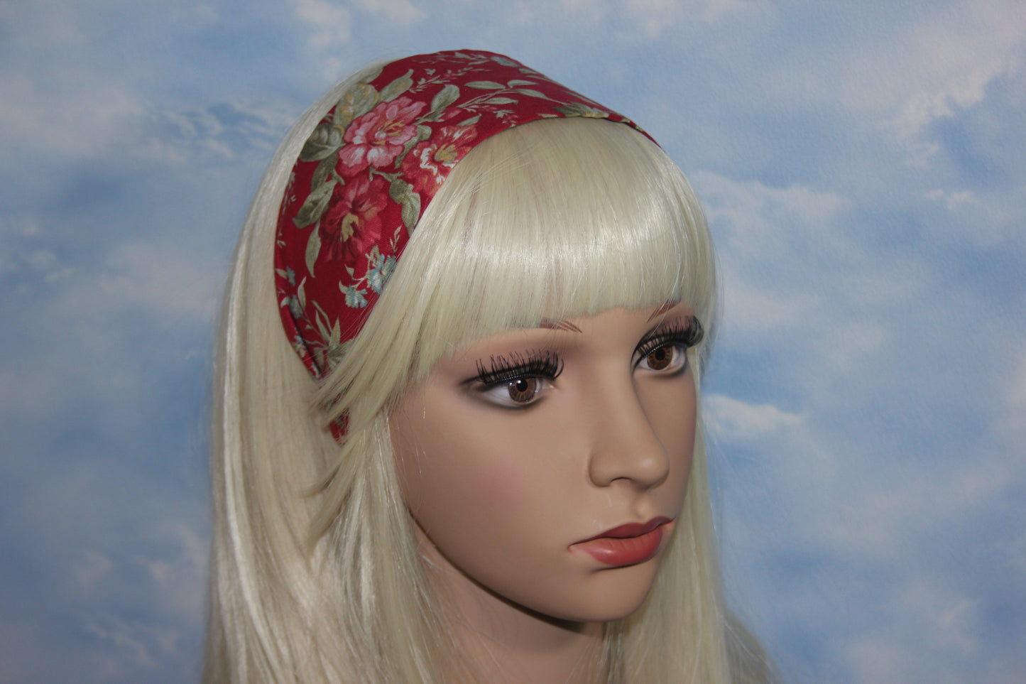 Burgundy flower print headband women Vine red cotton head cover