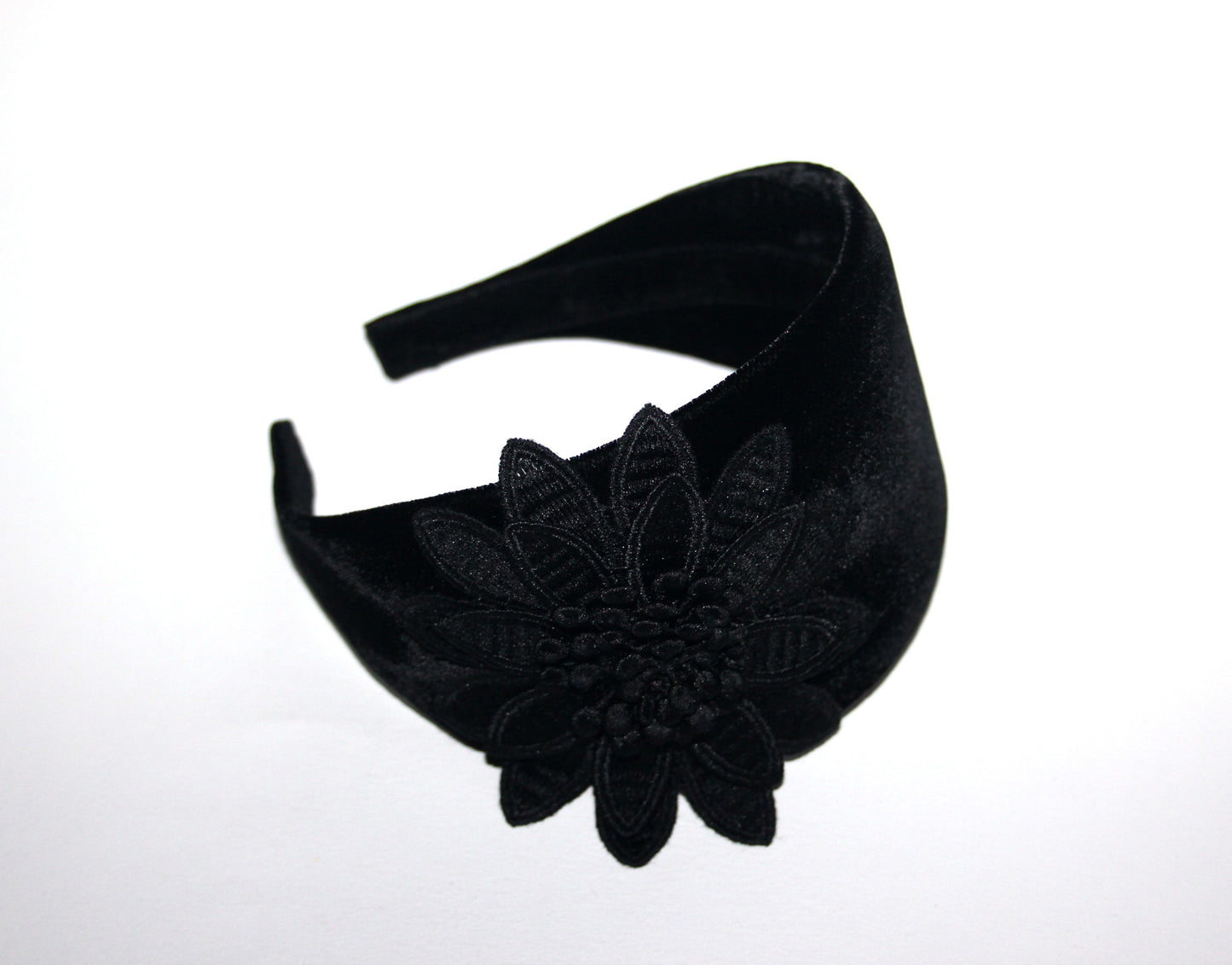 Black velvet headband with flower Extra wide floral hairband scarf, plastic free